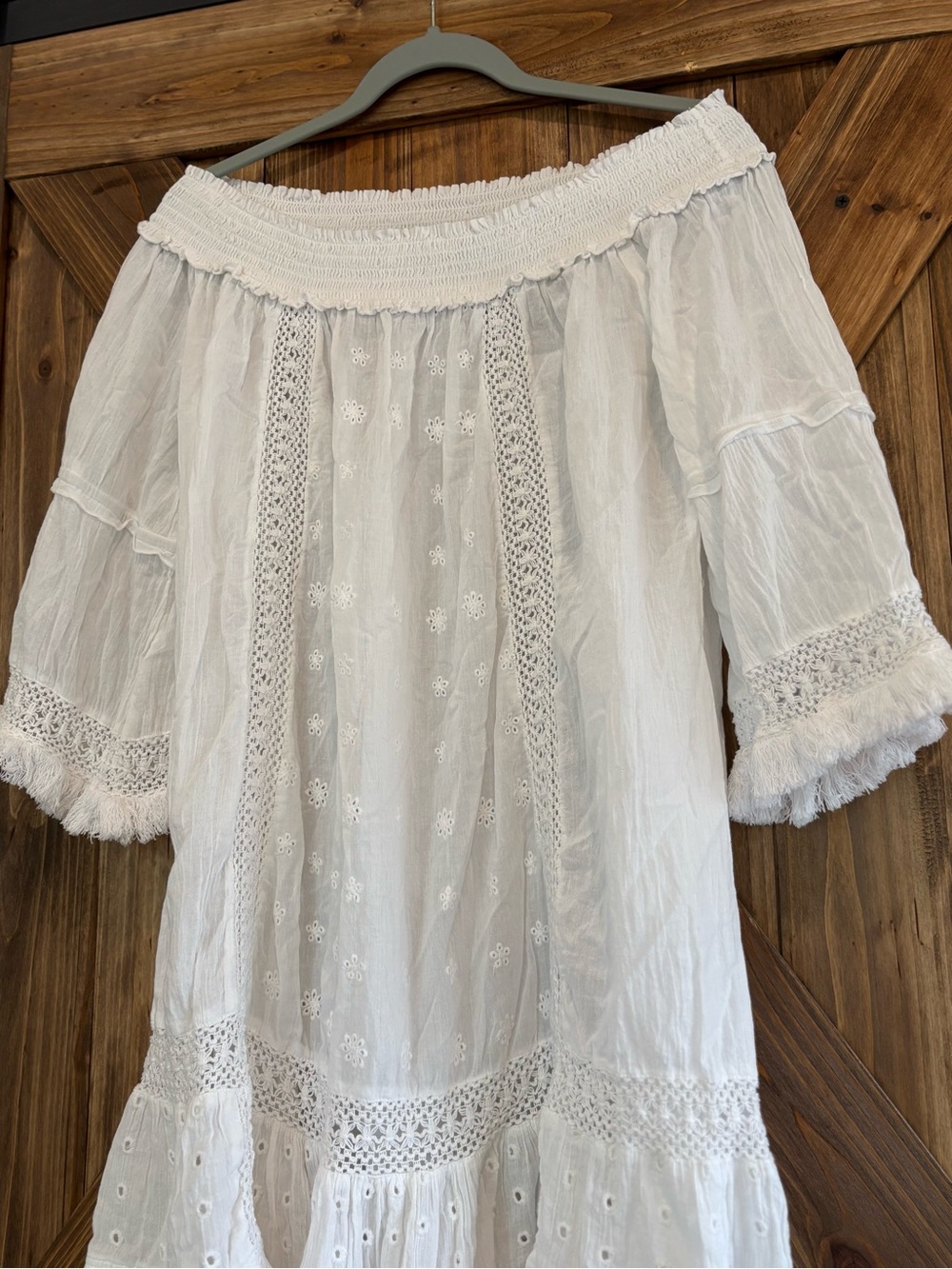 blue island White Boho Eyelet Crochet Trim Off-Shoulder Swim Coverup. Size Large - Picture 2 of 10